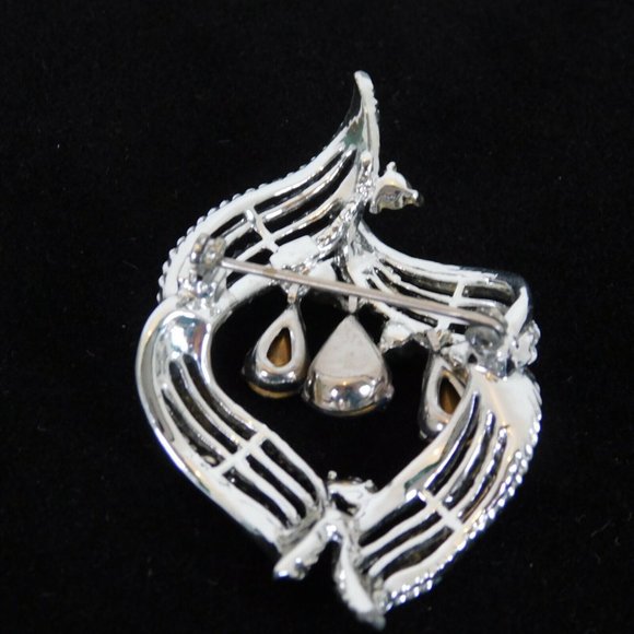 Blue Clear Rhinestones Ribbon Shape Coro Signed Brooch Pin Silver Tone Vintage - Picture 5 of 5